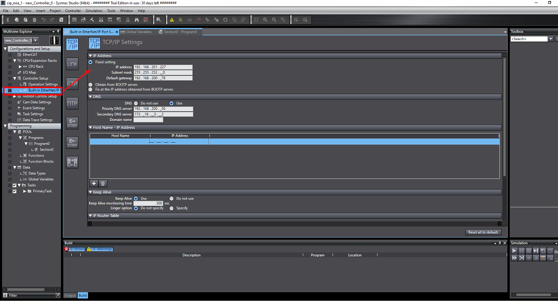 Omron Sysmac Settings